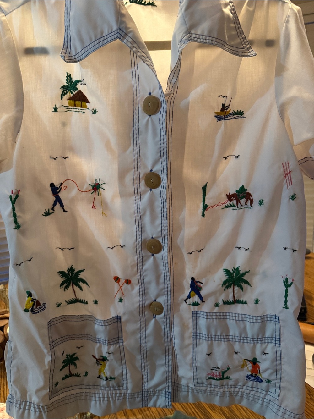 Vintage White Embroidered Tropical Kids Button Shirt